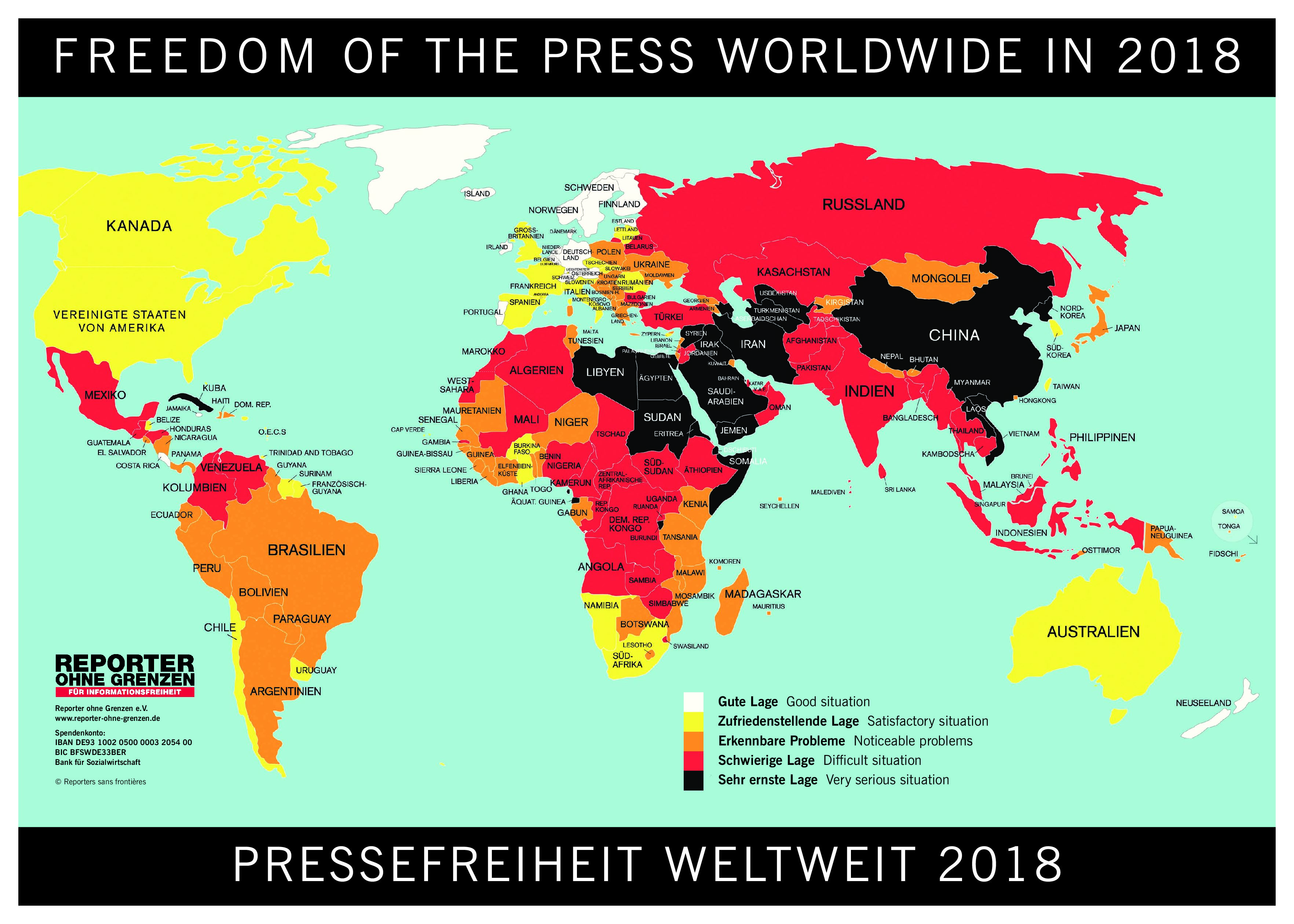 Rangliste der Pressefreiheit 2018: «Hass auf Journalismus bedroht Demokratien»